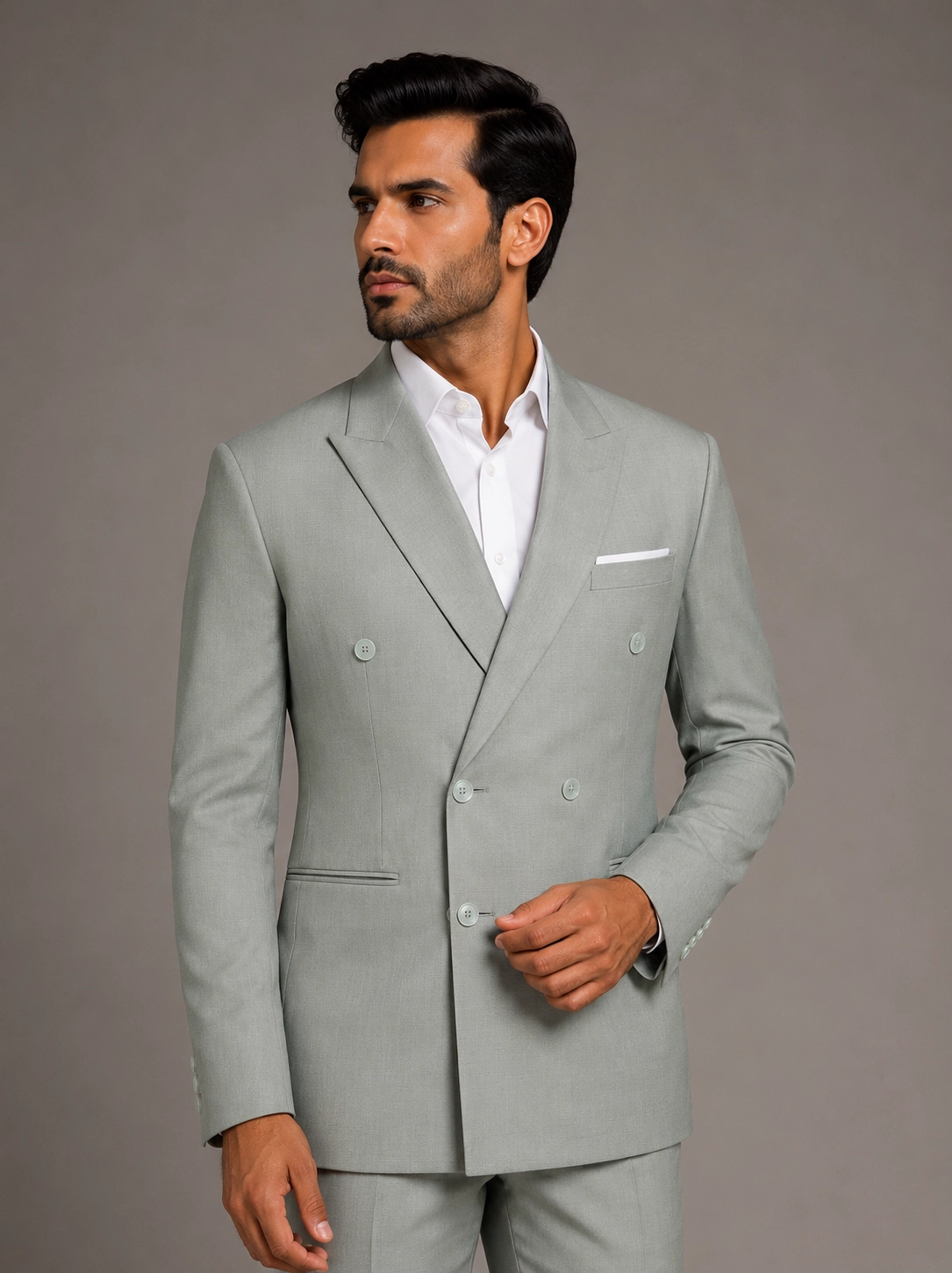 Premium Ice Green Double-Breasted Slim Fit Suit