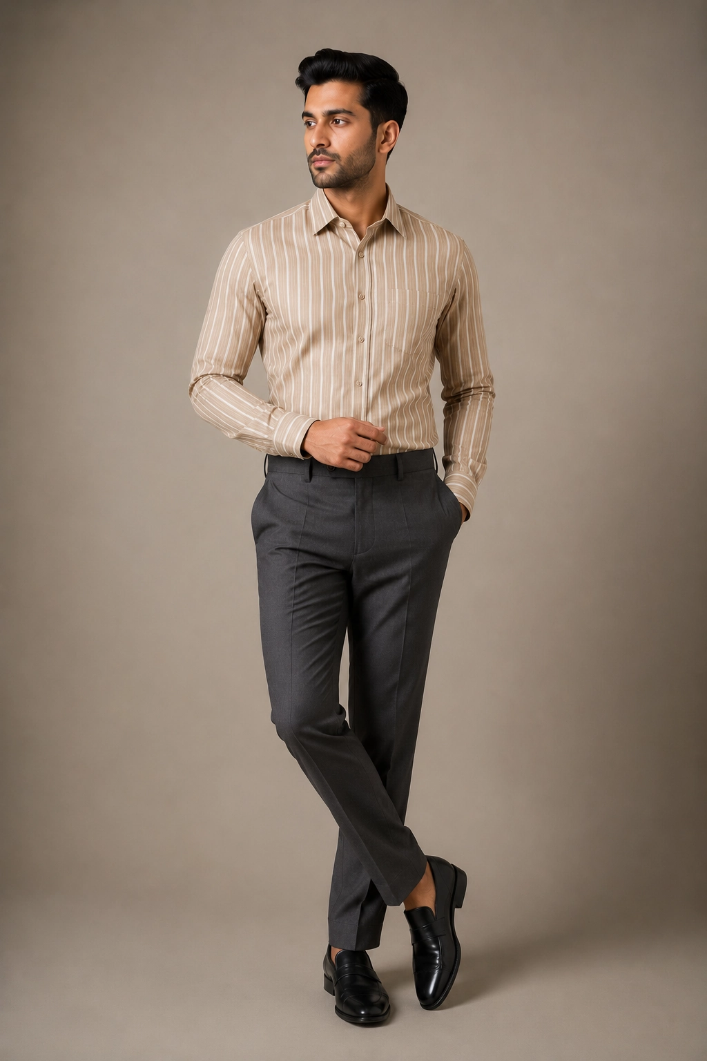 Beige Vertical Striped Formal Shirt