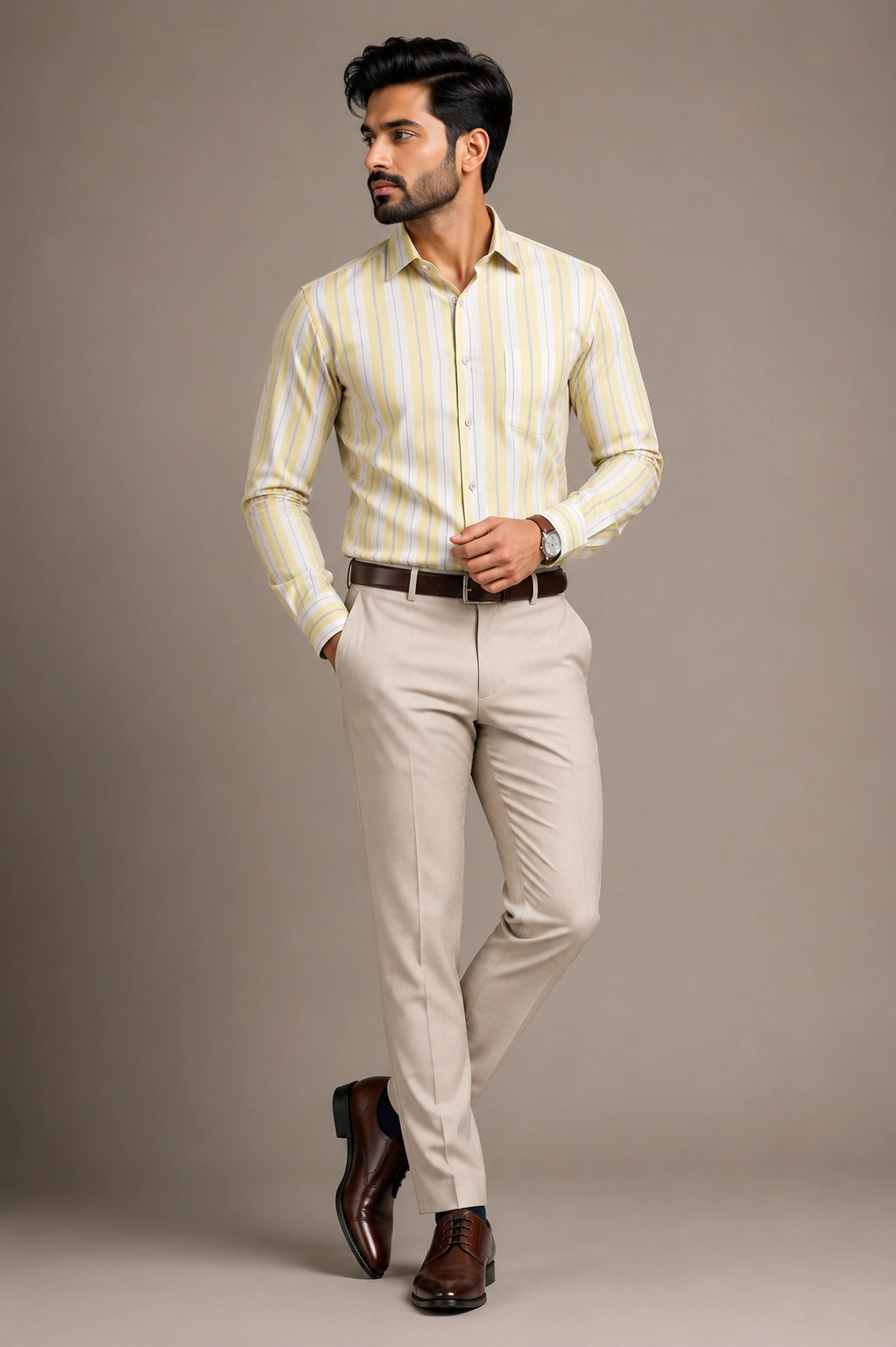 Off-White &amp; Pastel Yellow Vertical Striped Formal Shirt