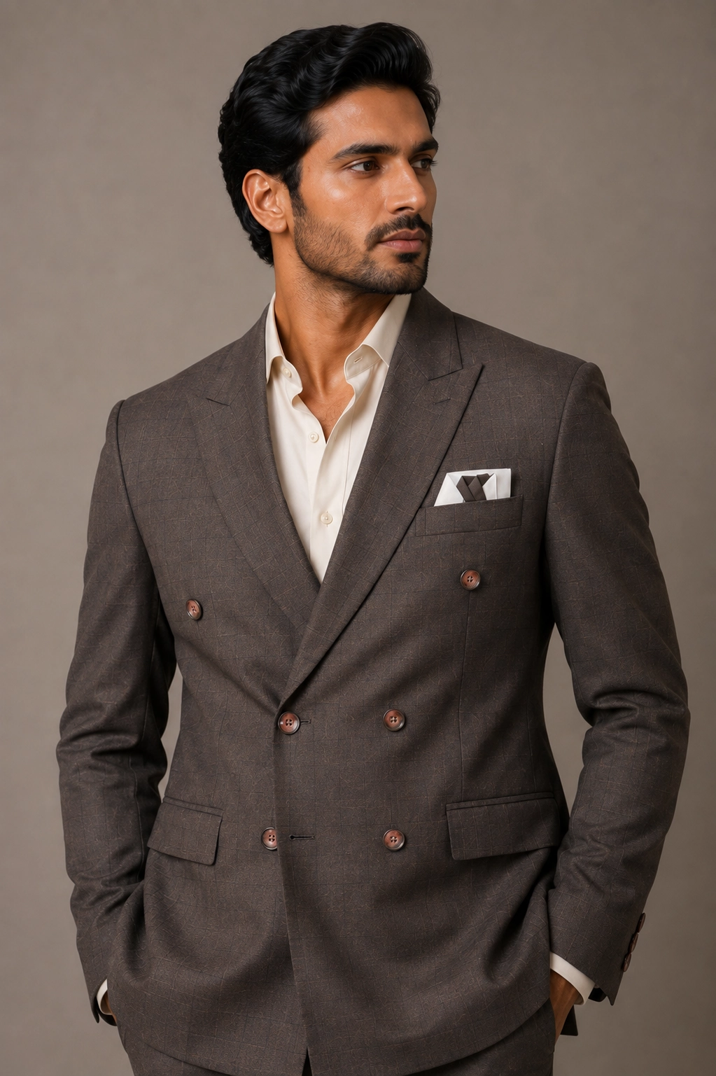 Slim Fit Taupe Double-Breasted Suit 