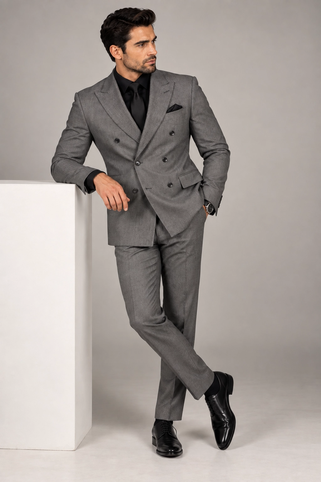 Silver Slate Textured Double-Breasted Suit