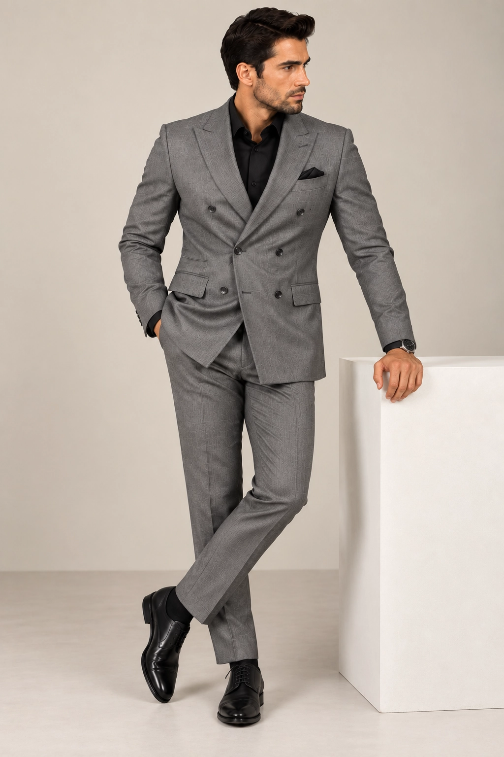 Silver Slate Textured Double-Breasted Suit
